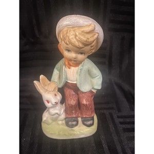 Vintage Norleans Japan Boy with Bunny rabbit Figurine Easter home decor